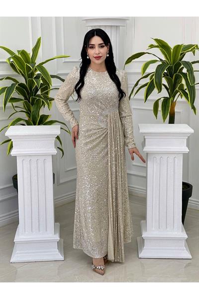 Bel Detay Payet Elbise 3925 Bej