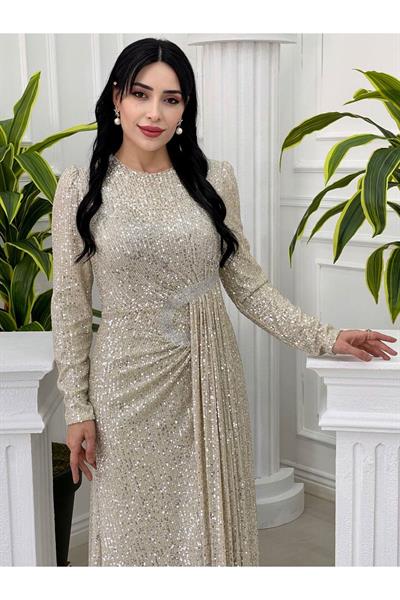 Bel Detay Payet Elbise 3925 Bej