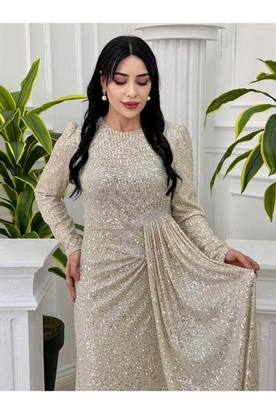 Bel Detay Payet Elbise 3925 Bej
