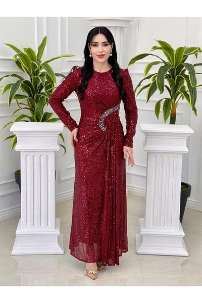 Bel Detay Payet Elbise 3925 Bordo