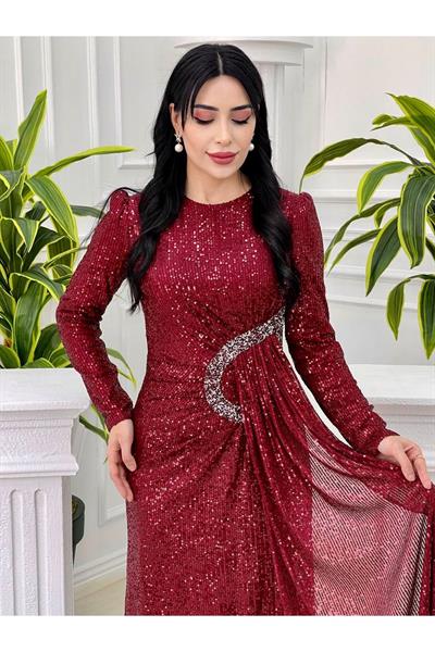Bel Detay Payet Elbise 3925 Bordo
