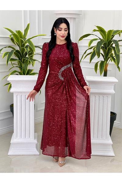 Bel Detay Payet Elbise 3925 Bordo