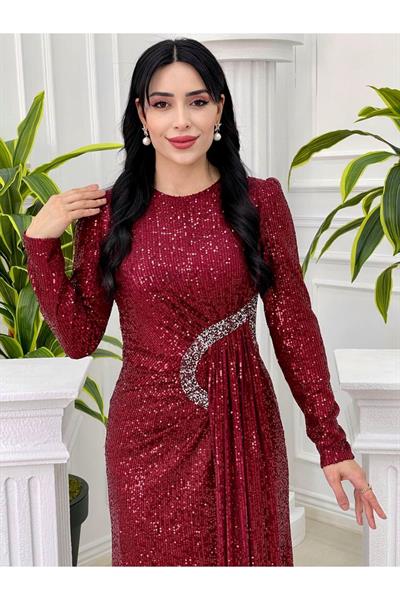 Bel Detay Payet Elbise 3925 Bordo