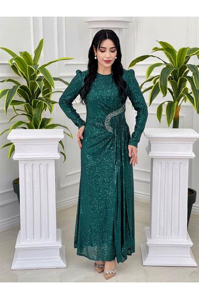 Bel Detay Payet Elbise 3925 Yeşil