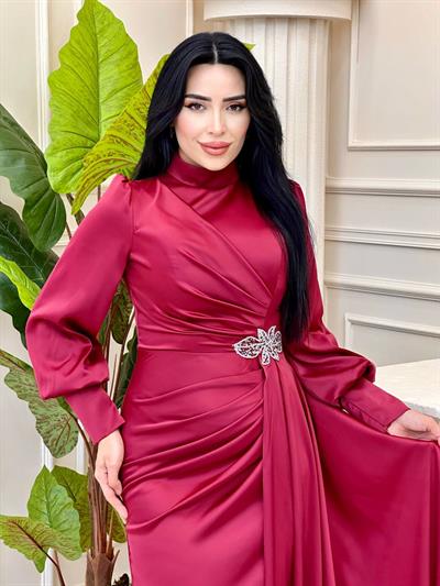 Bel Detay Saten Abiye 4579 t-24 Bordo