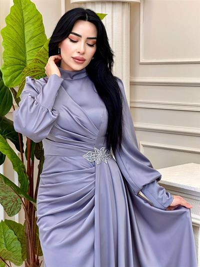 Bel Detay Saten Abiye 4579 t-24 Gri