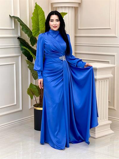 Bel Detay Saten Abiye 4579 t-24 Mavi