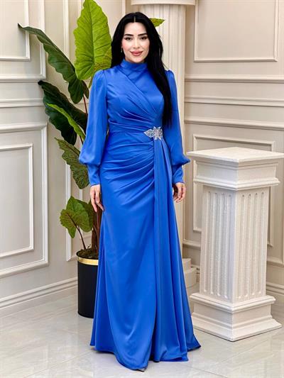 Bel Detay Saten Abiye 4579 t-24 Mavi