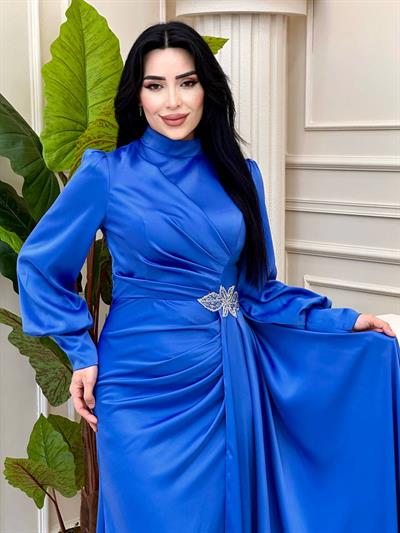 Bel Detay Saten Abiye 4579 t-24 Mavi