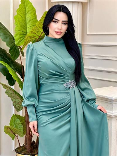 Bel Detay Saten Abiye 4579 t-24 Mint yeşili