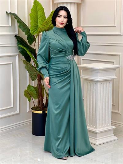 Bel Detay Saten Abiye 4579 t-24 Mint yeşili