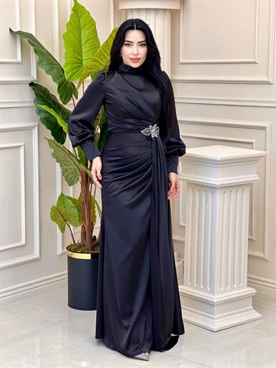 Bel Detay Saten Abiye 4579 t-24 Siyah
