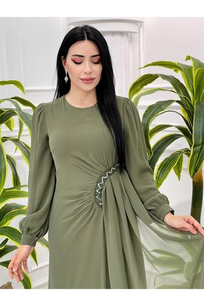 Bel Detay Şifon Elbise 4032 Haki