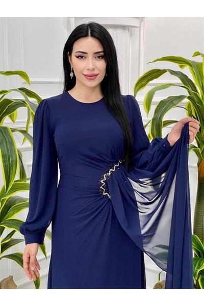Bel Detay Şifon Elbise 4032 Lacivert