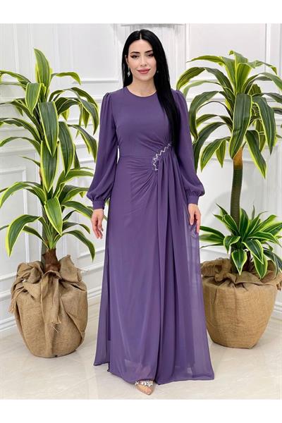 Bel Detay Şifon Elbise 4032 Leylak