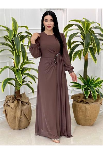 Bel Detay Şifon Elbise 4032 Vizon