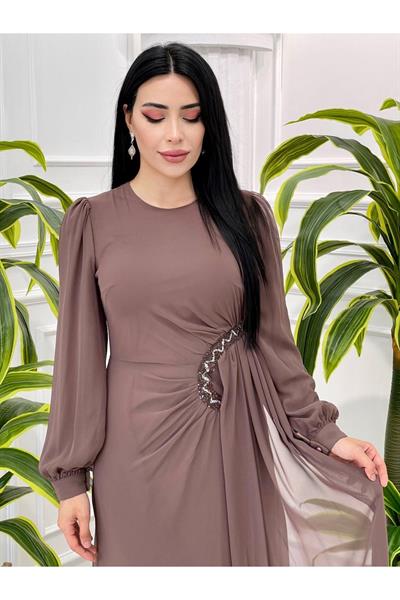 Bel Detay Şifon Elbise 4032 Vizon
