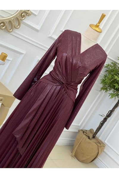 Bel Detay Simli Elbise 3322 Bordo