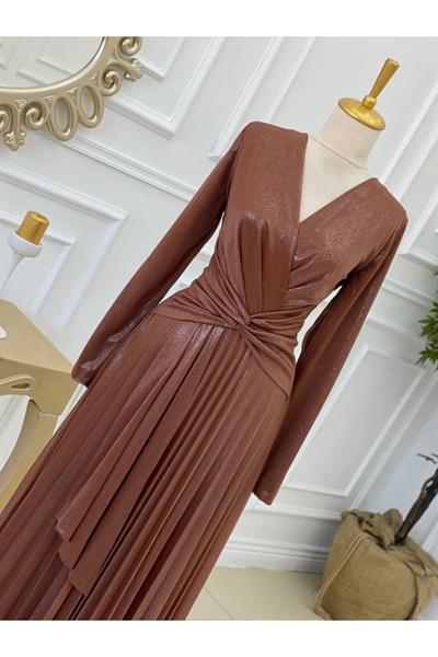 Bel Detay Simli Elbise 3322 Taba