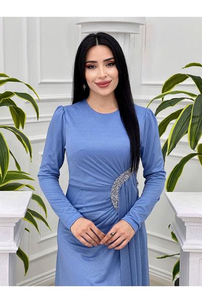 Bel Detay Simli Elbise 3869 Mavi