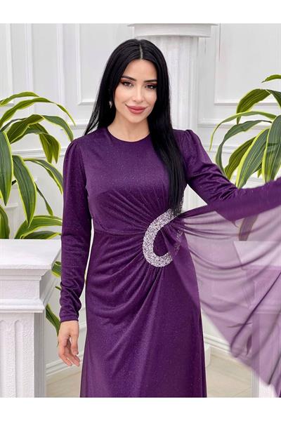 Bel Detay Simli Elbise 3869 Mor