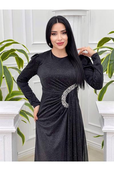 Bel Detay Simli Elbise 3869 Siyah