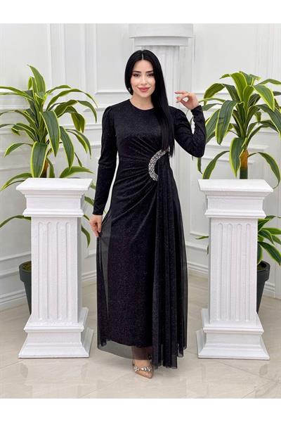 Bel Detay Simli Elbise 3869 Siyah