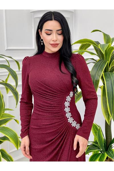 Bel Detaylı Simli  Elbise 4349 Bordo
