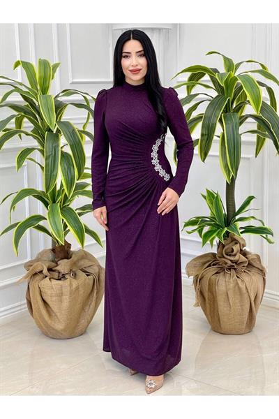 Bel Detaylı Simli  Elbise 4349 Mor