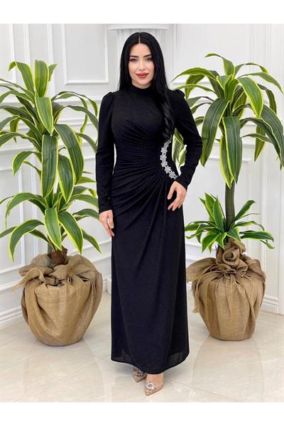 Bel Detaylı Simli  Elbise 4349 Siyah