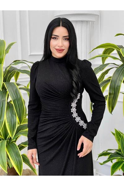 Bel Detaylı Simli  Elbise 4349 Siyah