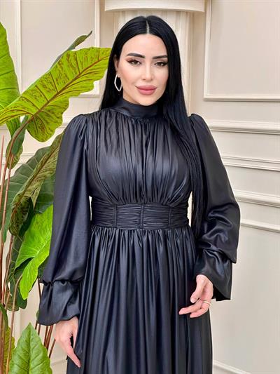 Bel Drape Jakarlı Elbise 4937 t-24 Siyah