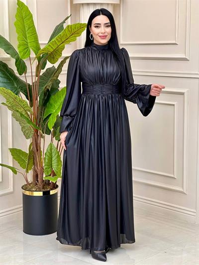 Bel Drape Jakarlı Elbise 4937 t-24 Siyah