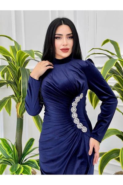 Bel Drape Kadife Elbise 4260 Lacivert