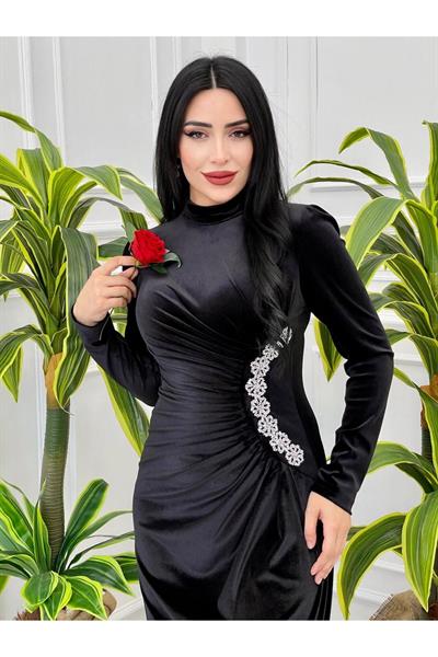 Bel Drape Kadife Elbise 4260 Siyah