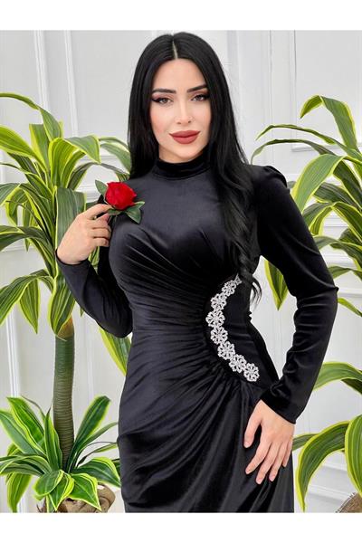 Bel Drape Kadife Elbise 4260 Siyah