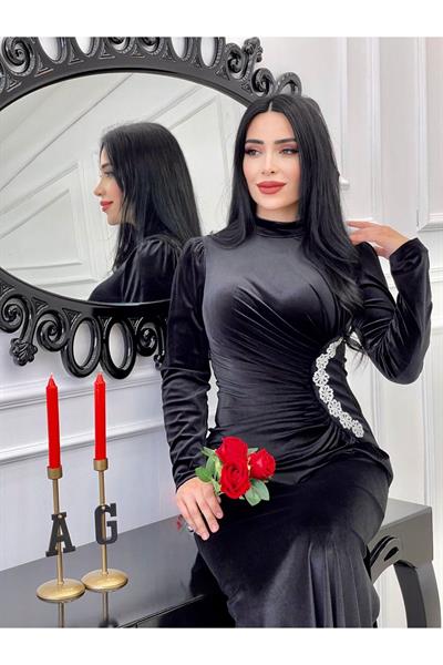 Bel Drape Kadife Elbise 4260 Siyah