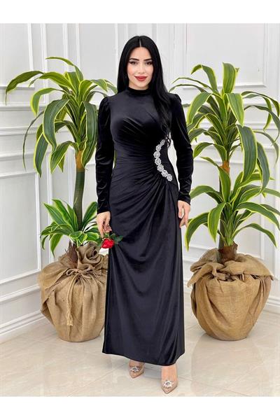 Bel Drape Kadife Elbise 4260 Siyah