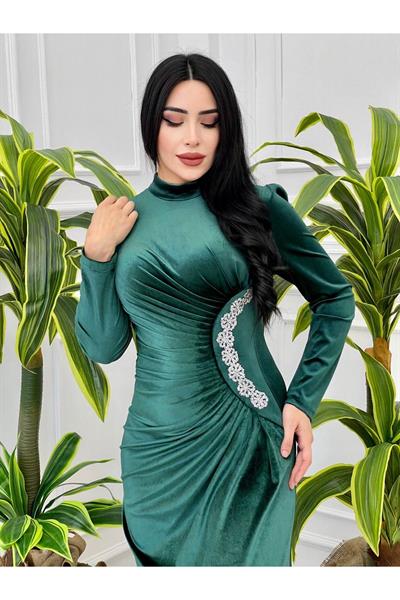 Bel Drape Kadife Elbise 4260 Zümrüt Yeşil