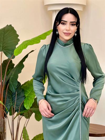 Bel Drape Saten Elbise 4668 T-25 Yeşil