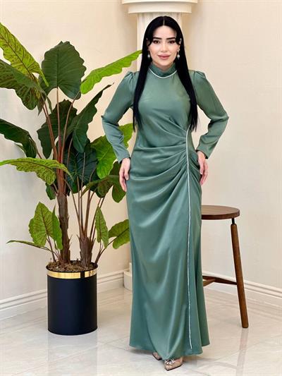 Bel Drape Saten Elbise 4668 T-25 Yeşil