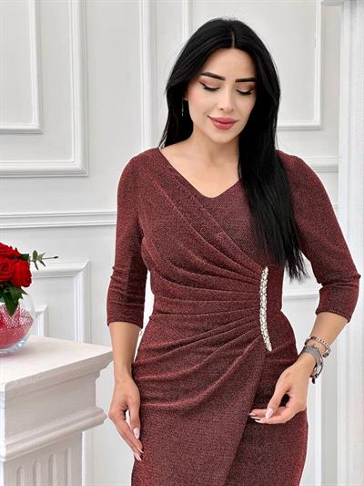Bel Drape Simli Elbise 6155 t-24 Bakır