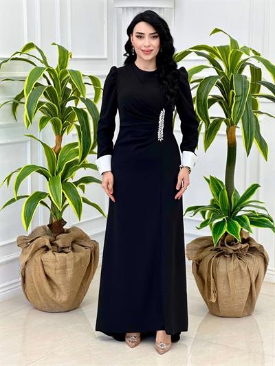 Bel Drape Taşlı Manşetli Elbise 5102 t-24 Siyah