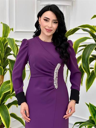 Bel Drape Taşlı Manşetli Elbise 5102 t-24 Mor