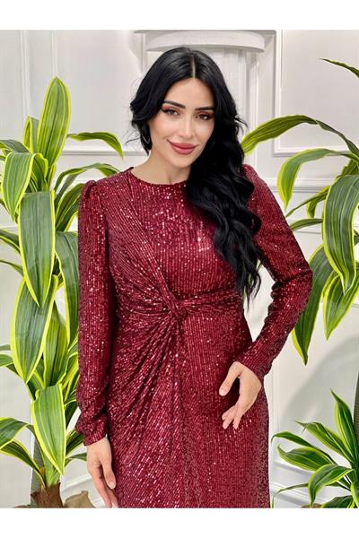 Bel Düğüm Payet Elbise 4083 Bordo