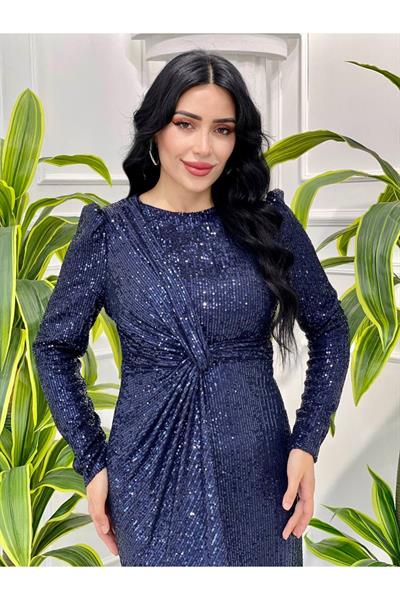 Bel Düğüm Payet Elbise 4083 Lacivert