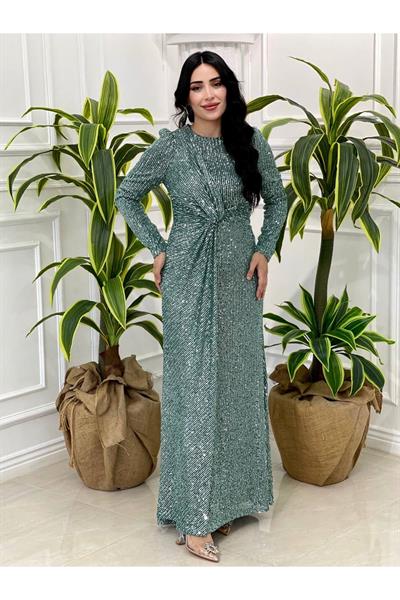 Bel Düğüm Payet Elbise 4083 Mint yeşili
