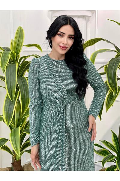 Bel Düğüm Payet Elbise 4083 Mint yeşili