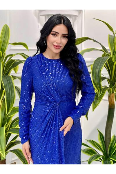 Bel Düğüm Payet Elbise 4083 Saks