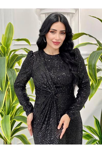 Bel Düğüm Payet Elbise 4083 Siyah
